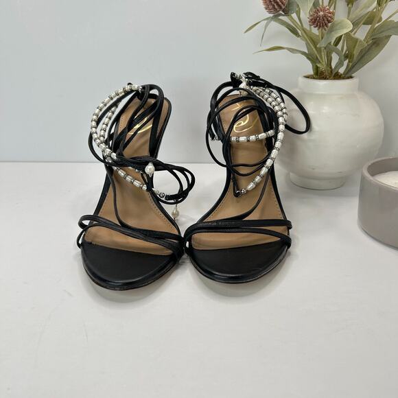 Sam Edelman Scarlette Leather Beaded Ankle Wrap Heels Black/Pearl Women's 9 M - Picture 5 of 14